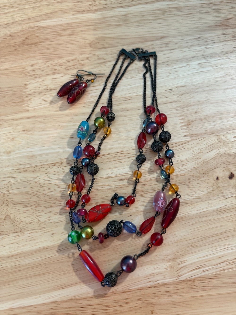 Multicolor Beaded Layered Necklace and Earring Costume Jewelry‎ Set